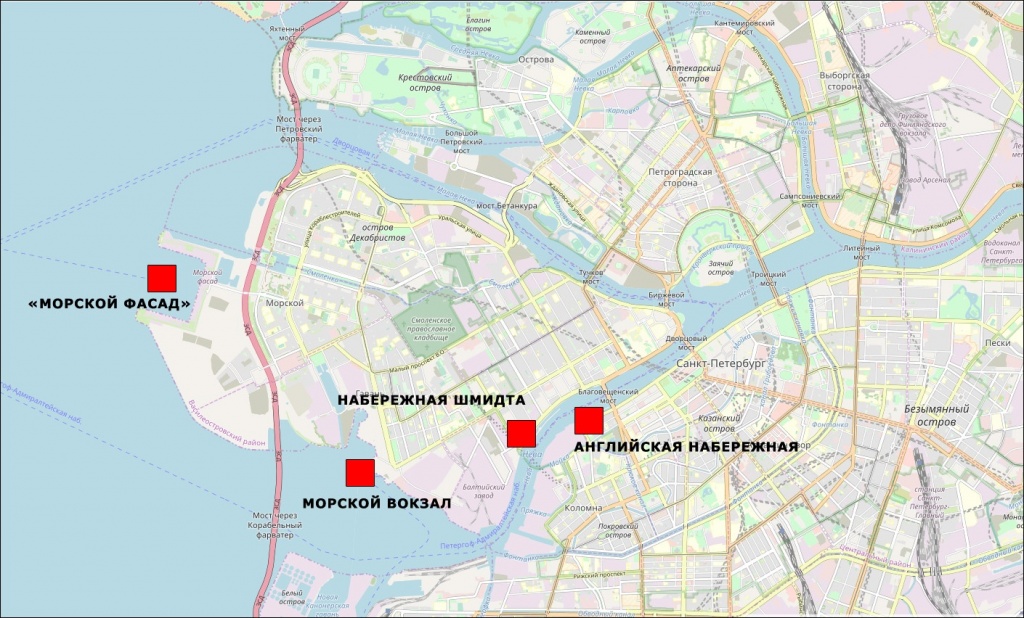 Круизные морские причалы на реке Неве в Санкт-Петербурге (карта)