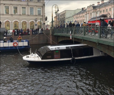Прогулочный теплоход «Форт-Ривер» застрял под Зеленым мостом на реке Мойке в центре Петербурга